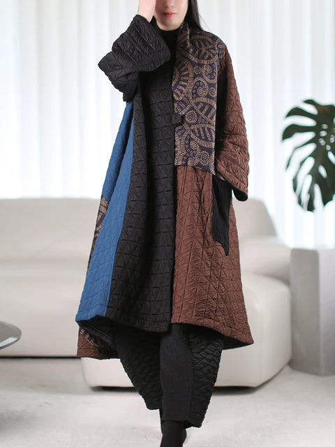 Women Autumn Ethnic Colorblock Cotton Padded Coat