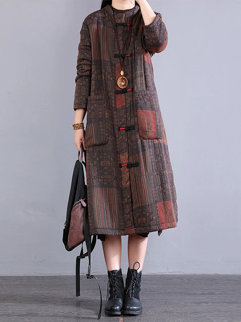 Women Autumn Ethnic Buckle O-Neck Flower 100%Cotton Coat