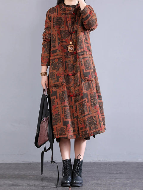 Women Autumn Ethnic Buckle O-Neck Flower 100%Cotton Coat