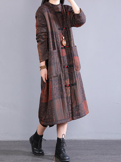 Women Autumn Ethnic Buckle O-Neck Flower 100%Cotton Coat