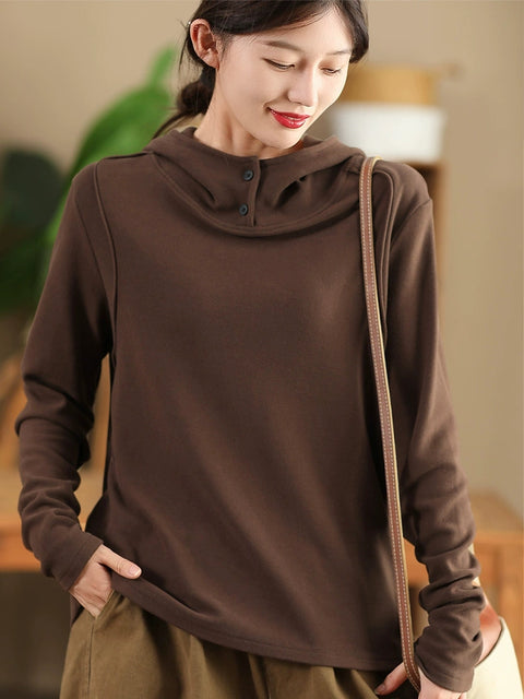 Women Autumn Casual Solid Hooded Loose Sweatshirt