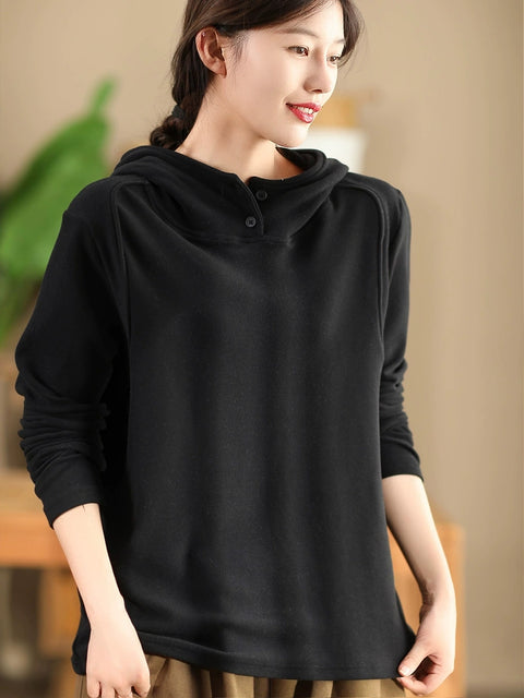 Women Autumn Casual Solid Hooded Loose Sweatshirt