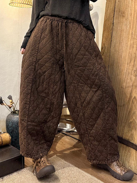 Women Winter Retro Rhomboids Loose Padded Harem Pants