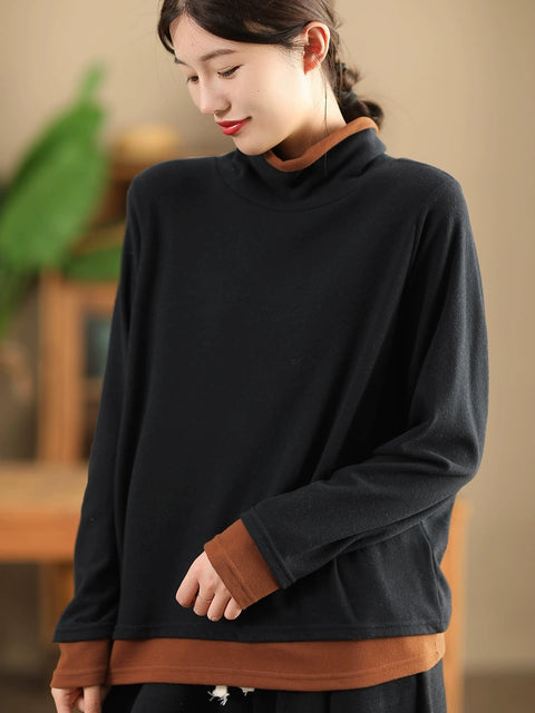 Women Casual Autumn Warm Colorblock Turtleneck Sweatshirt