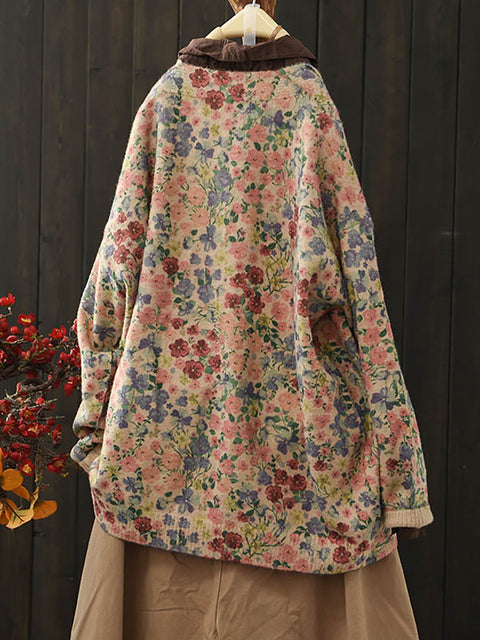 Women Casual Autumn V-Neck Floral Cardigan Sweater