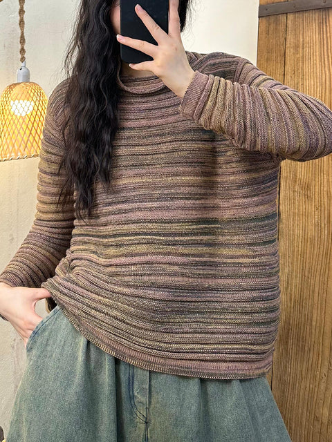 נשים קז'ואל סתיו Colorblock Stripe O-Neck כותנה סווטשירט