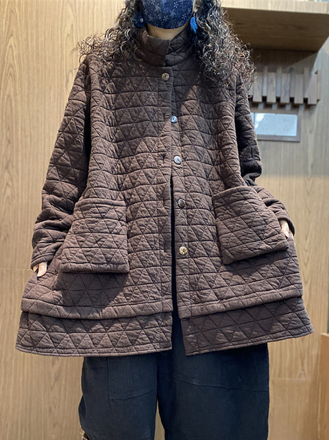 Women Winter Rhomboids Stand Collar Solid Padded Coat