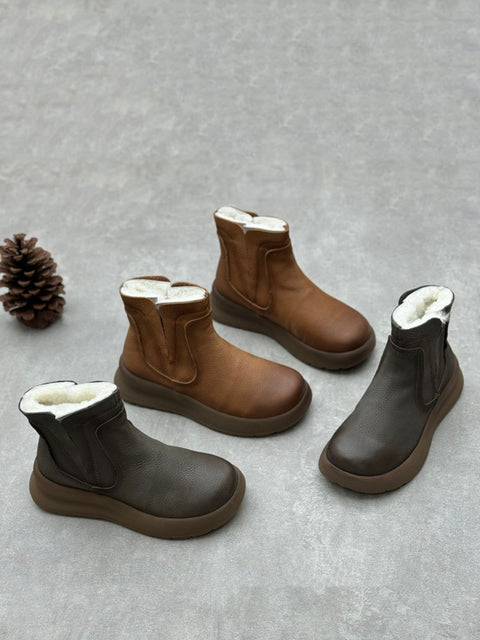 Women Winter Genuine Leather Fleece-lined Mid Heel Boots