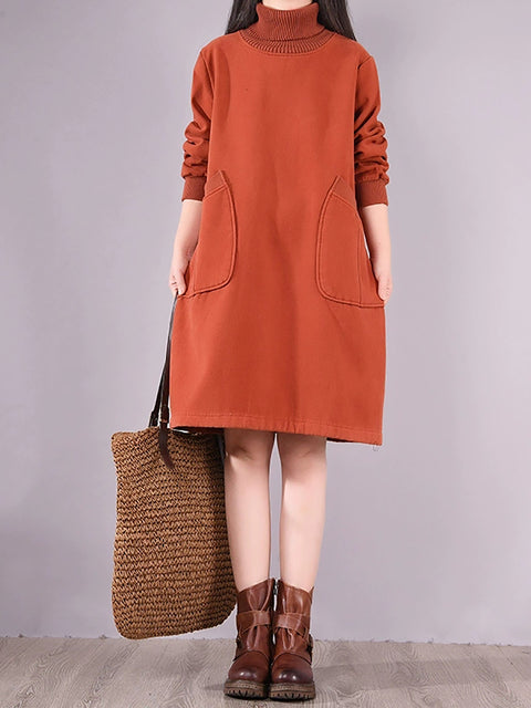 Women Winter Artsy Solid Fleecce-lined Turtleneck Cotton Dress