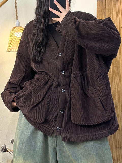 Women Autumn Casual Corduroy Buttoned V-Neck Coat