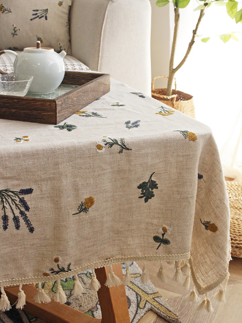 Artsy Foral Embroidery Cover Linen Tablecloth