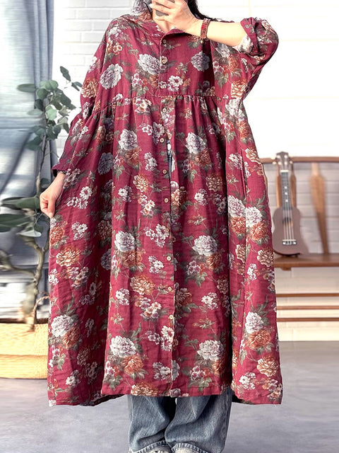 Women Retro Autumn Flower Hooded Loose 100%Cotton Dress