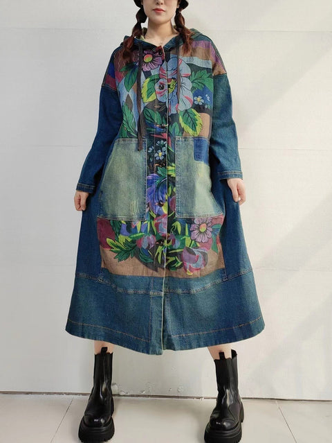 Women Autumn Vintage Flower Hooded Denim Long Coat