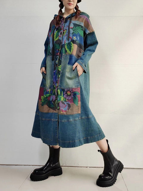 Women Autumn Vintage Flower Hooded Denim Long Coat