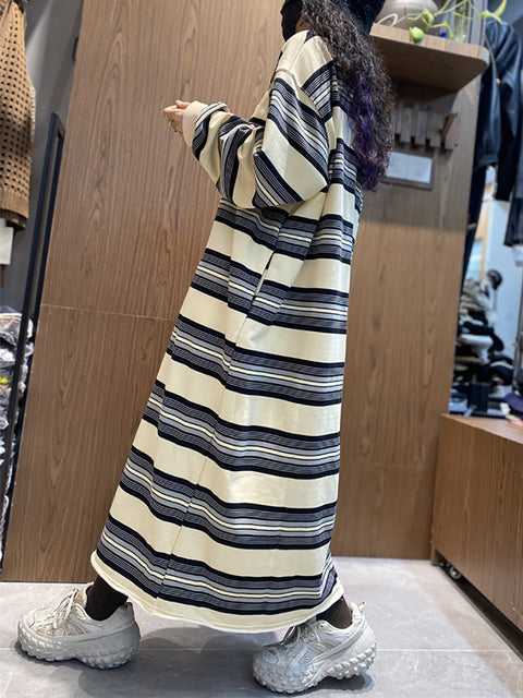 Women Casual Autumn Stripe O-Neck Cotton Dress