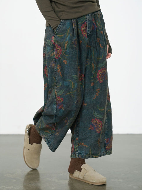 Women Winter Retro Flower Denim Spliced Wide-leg Pants