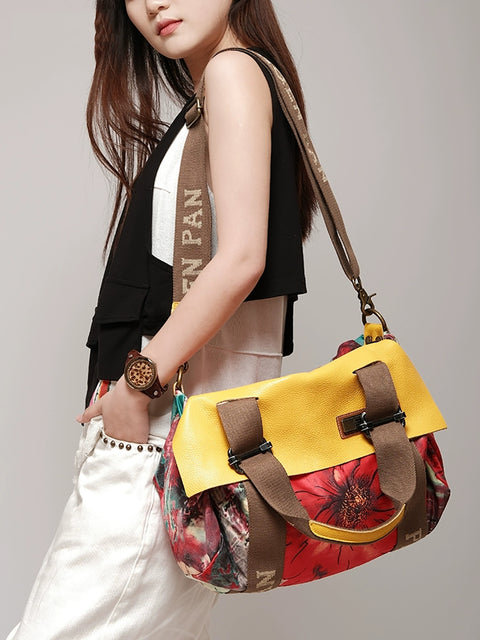 Women Fashion Flower Colorblock Large Capacity Shoulder Bag