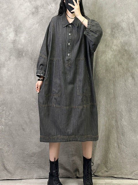 Women Autumn Retro Solid Turn-down Collar Denim Dress