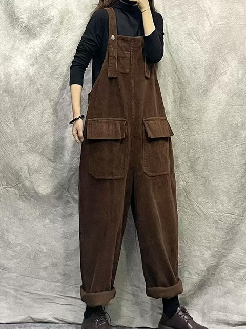 Women Vintage Pure Color Croduroy Loose Jumpsuits