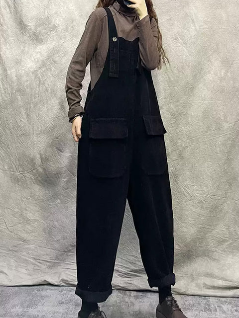 Women Vintage Pure Color Croduroy Loose Jumpsuits