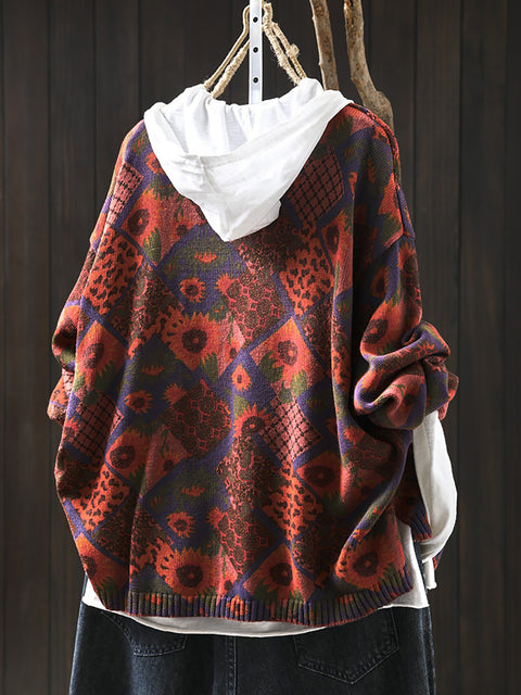 Women Autumn Vintage Flower Knit V-Neck Sweater