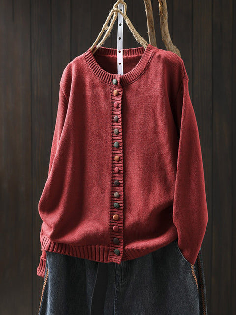 Women Autumn Artsy Colorful Button O-Neck Knit Sweater