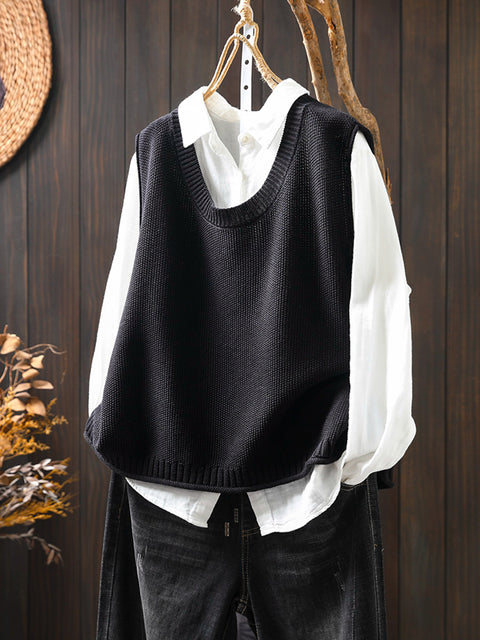 Women Vintage Pure Color Button Knit Vest