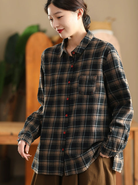 Women Autumn Cotton Turn-down Collar Plaid Shirt