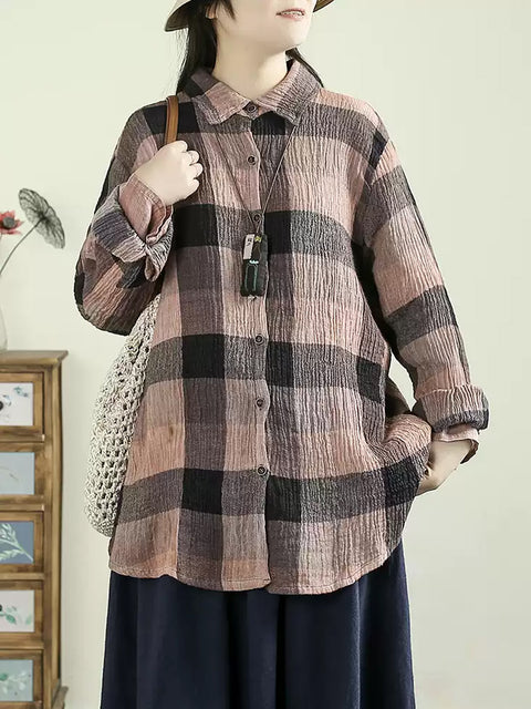 Women Autumn Cotton 100%Linen Plaid Shirt