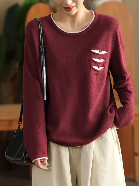 Women Autumn Warm Colorblock O-Neck Sweatshirt