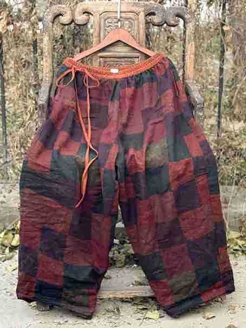 Women Spring Vintage Plaid Linen Wide-leg Pants