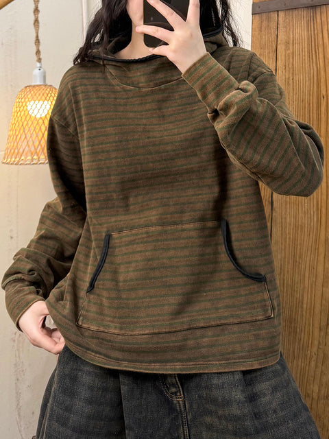 Women Spring Retro Stripe Hooded Sweatshirt