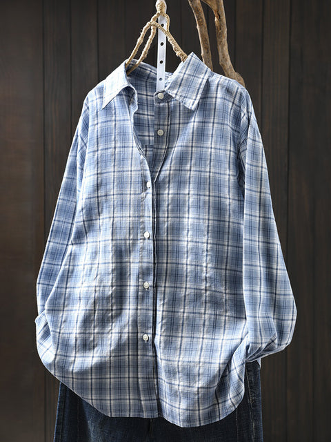 Women Spring Artsy 100%Cotton Plaid Shirt