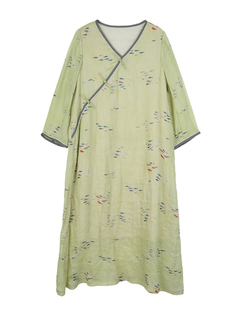 Women Spring Artsy V-Neck Flower Ramie Dress