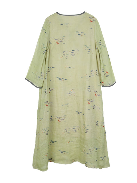 Women Spring Artsy V-Neck Flower Ramie Dress