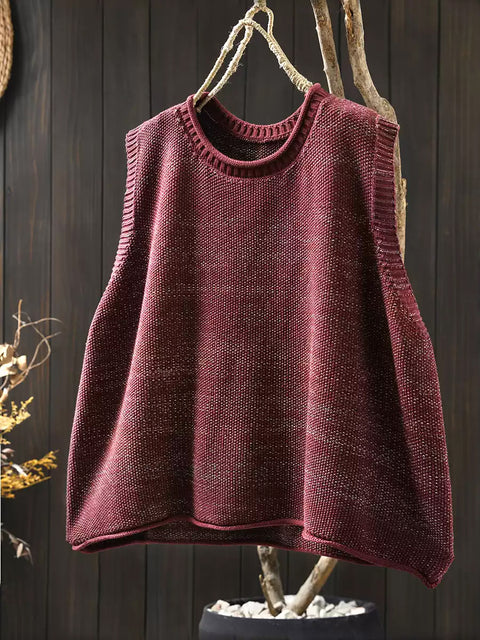 Women Spring Pure Color Knit O-Neck Vest