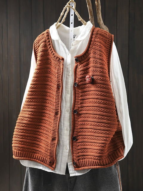 Women Spring Pure Color Knit O-Neck Cardigan Vest