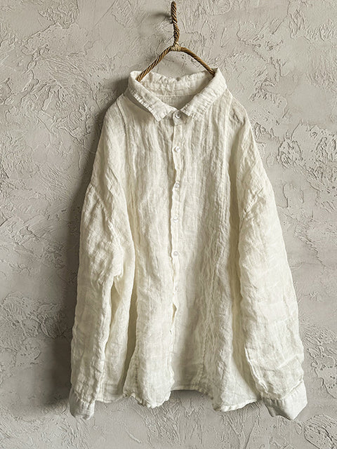 Women Spring Pure Color Turn-down Collar Linen Shirt