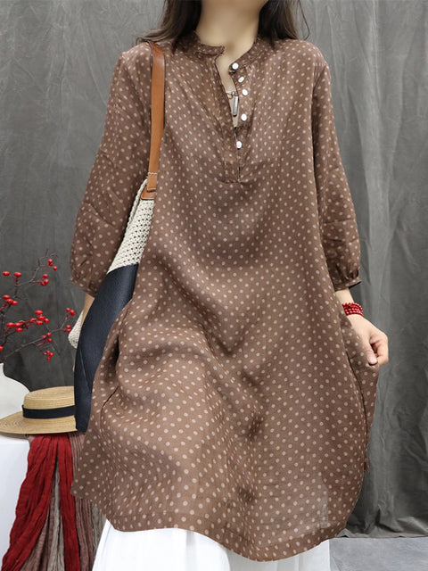 Women Spring O-Neck Dot 100%Ramie Shirt Dress