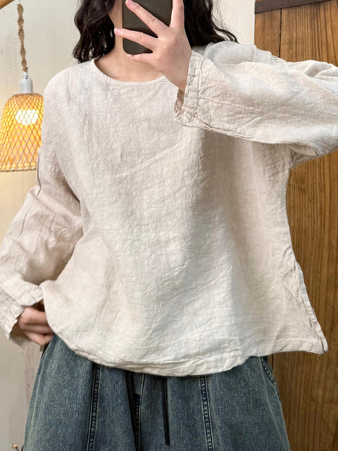 Women Spring Casual Pure Color O-Neck Linen Shirt