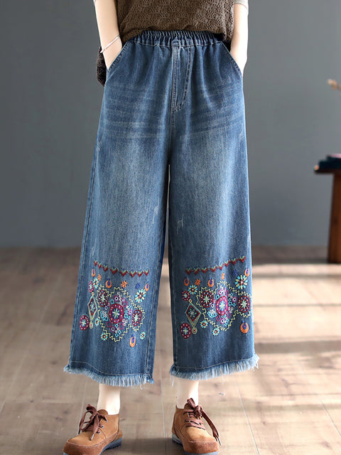 Women Spring Ethnic Denim Embroidery Wide-leg Pants