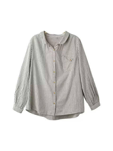 Women Autumn Vintage Stripe Cotton Turn-down Collar Shirt