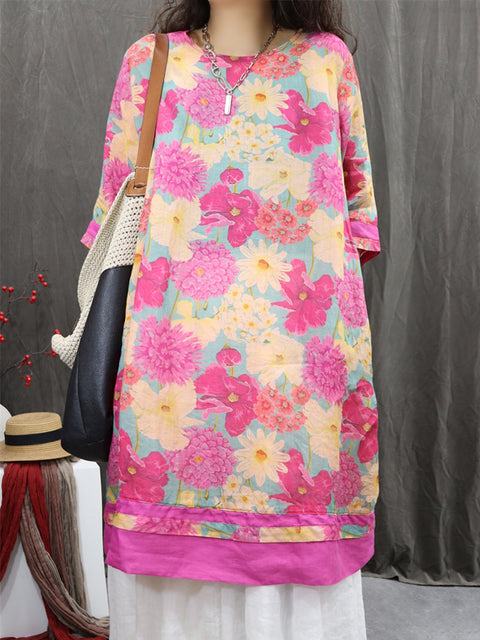 Women Spring O-Neck Flower Colorblock 100%Ramie Shirt