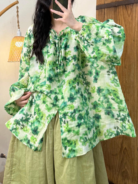 Women Artsy Summer Flower Strap Ramie Shirt