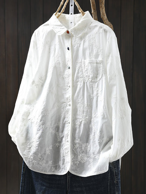 Women Spring 100%Cotton Jacquard Turn-down Collar Shirt