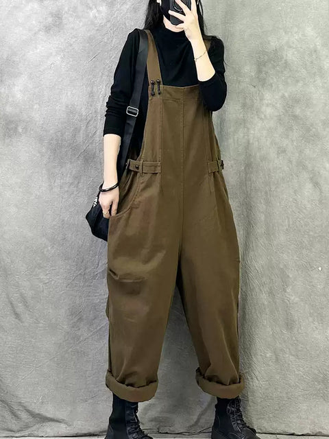 Women Spring Vintage Pure Color Loose Jumpsuits