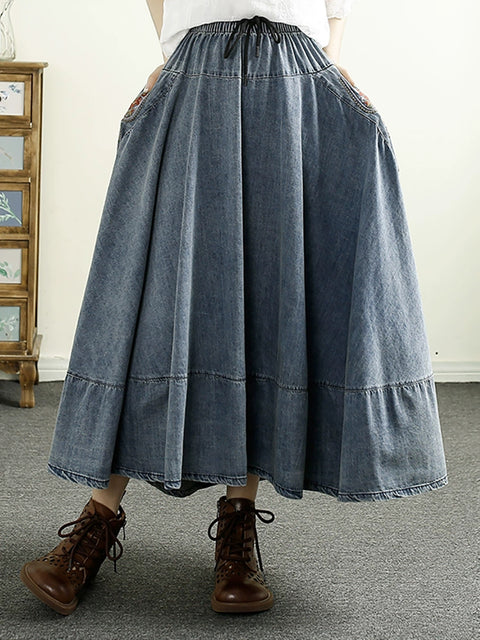 Women Spring Retro Embroidery A-Shape Denim Skirt