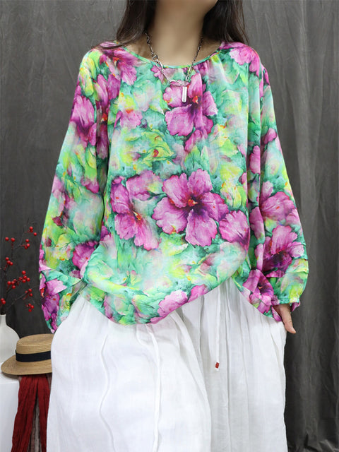 Women Artsy Summer Floral 100%Ramie O-Neck Shirt