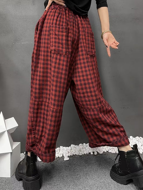 Women Vinage Spring Plaid Harem Pants