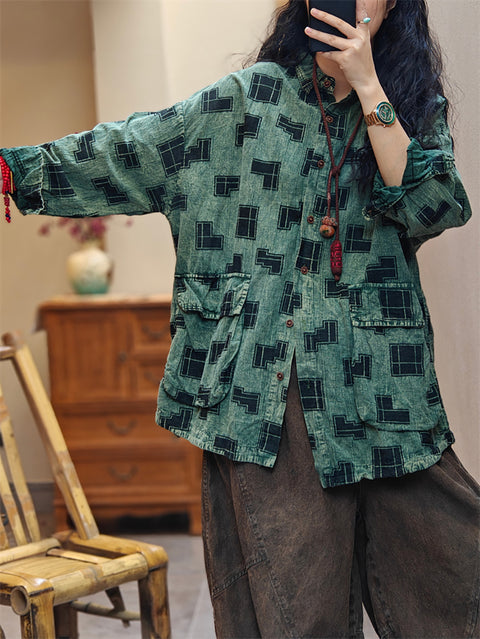 Women Spring Vintage Irregular Geometric Print Cotton Shirt